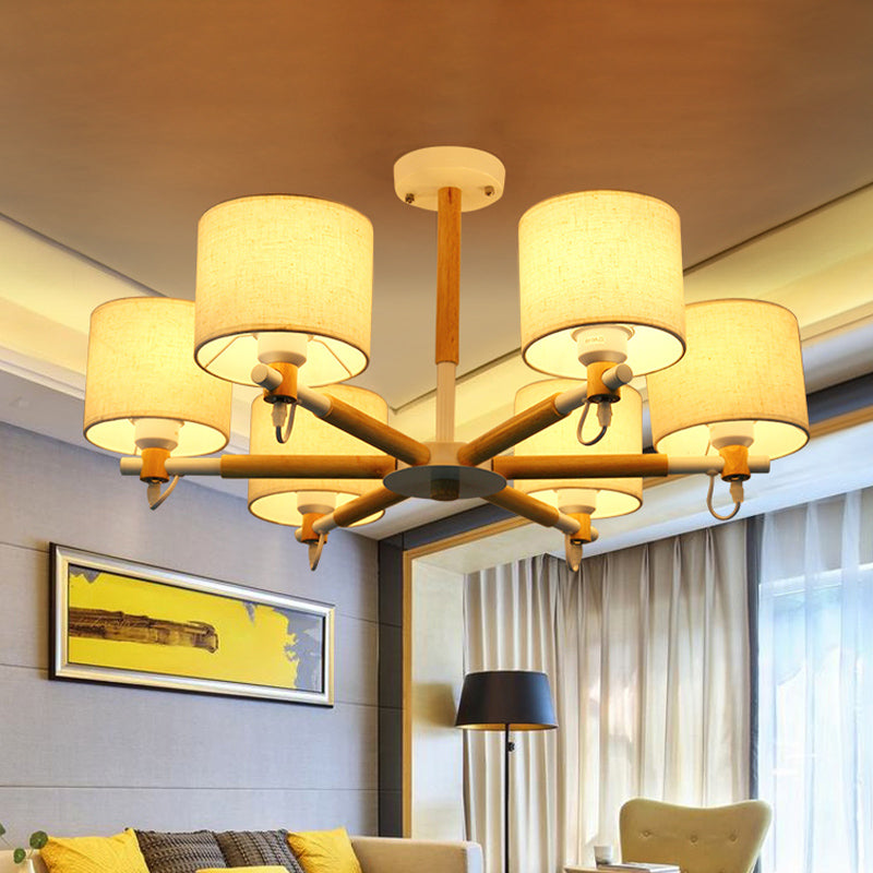 6 Heads Living Room Semi Flush Chandelier Nordic Wooden Ceiling Mount Light with Cylinder Fabric Shade Wood Clearhalo 'Ceiling Lights' 'Close To Ceiling Lights' 'Close to ceiling' 'Semi-flushmount' Lighting' 1459320