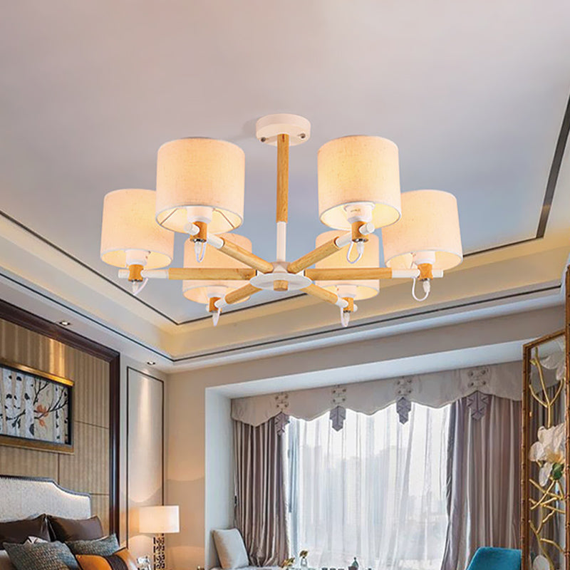 6 Heads Living Room Semi Flush Chandelier Nordic Wooden Ceiling Mount Light with Cylinder Fabric Shade Clearhalo 'Ceiling Lights' 'Close To Ceiling Lights' 'Close to ceiling' 'Semi-flushmount' Lighting' 1459321