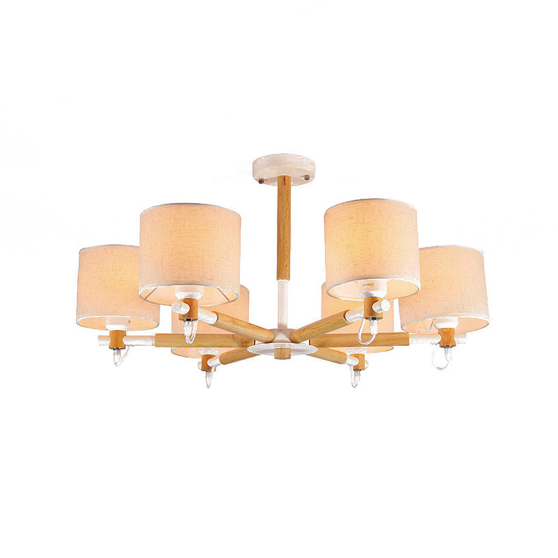 6 Heads Living Room Semi Flush Chandelier Nordic Wooden Ceiling Mount Light with Cylinder Fabric Shade Clearhalo 'Ceiling Lights' 'Close To Ceiling Lights' 'Close to ceiling' 'Semi-flushmount' Lighting' 1459322
