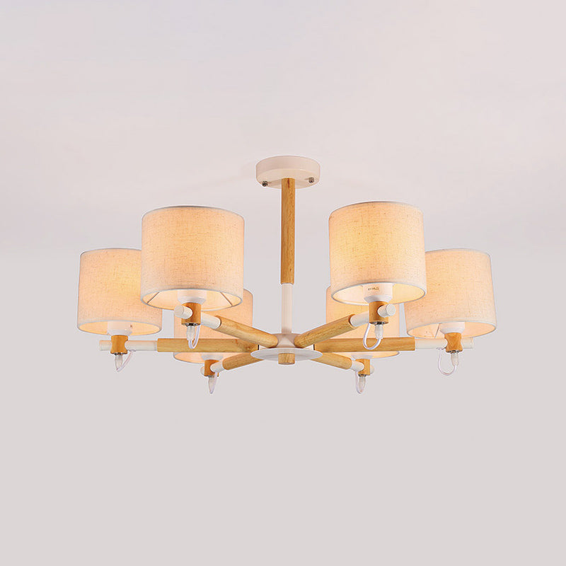 6 Heads Living Room Semi Flush Chandelier Nordic Wooden Ceiling Mount Light with Cylinder Fabric Shade Clearhalo 'Ceiling Lights' 'Close To Ceiling Lights' 'Close to ceiling' 'Semi-flushmount' Lighting' 1459323
