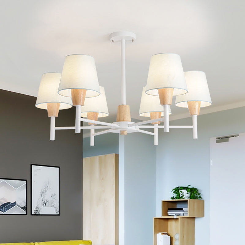 Nordic 6 Lights Semi Flush White-Wood Tapered Ceiling Mount Chandelier with Fabric Lampshade