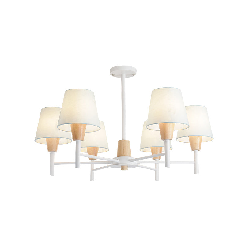 Nordic 6 Lights Semi Flush White-Wood Tapered Ceiling Mount Chandelier with Fabric Lampshade