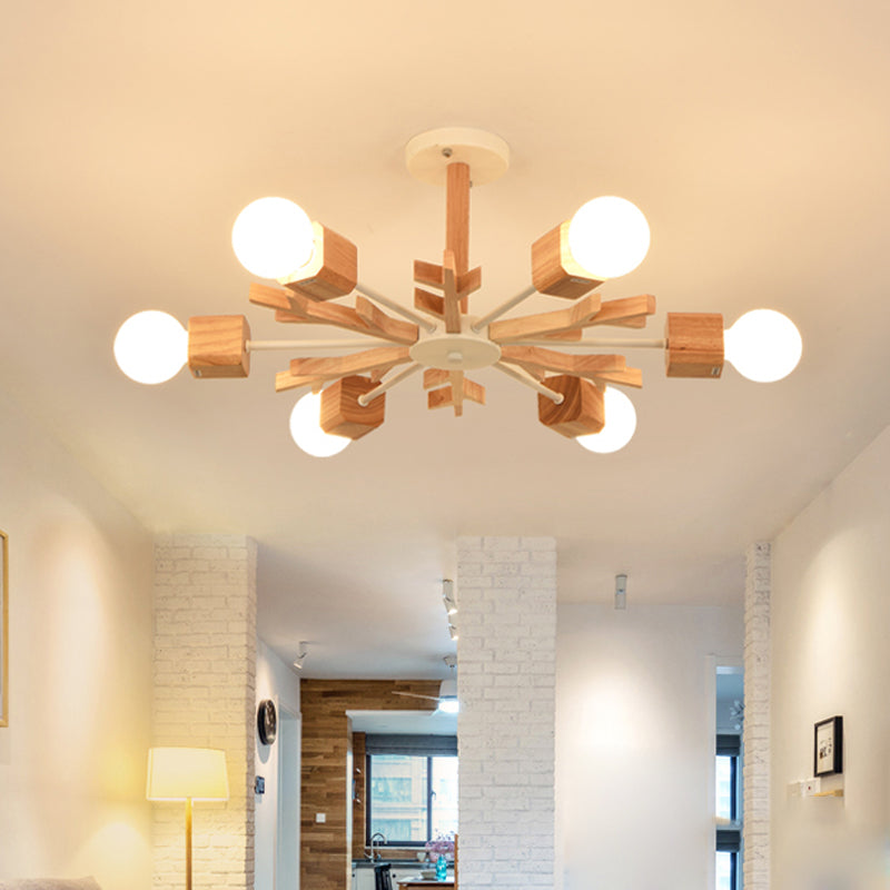 Nordic Starburst Semi Flush Light Wood 3/6 Heads Living Room Ceiling Mount Chandelier with Exposed Bulb Design