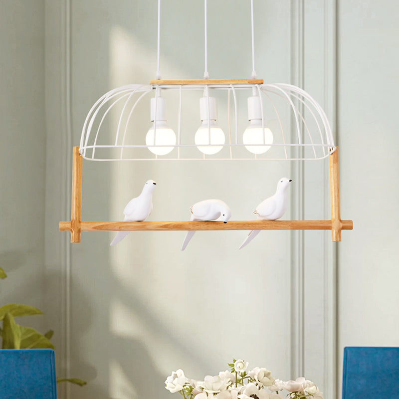 Nordic Style 3-Light Island Pendant Iron White Elongated Cage Hanging Light with Bird and Wood Bird Stand White Clearhalo 'Ceiling Lights' 'Island Lights' Lighting' 1459383