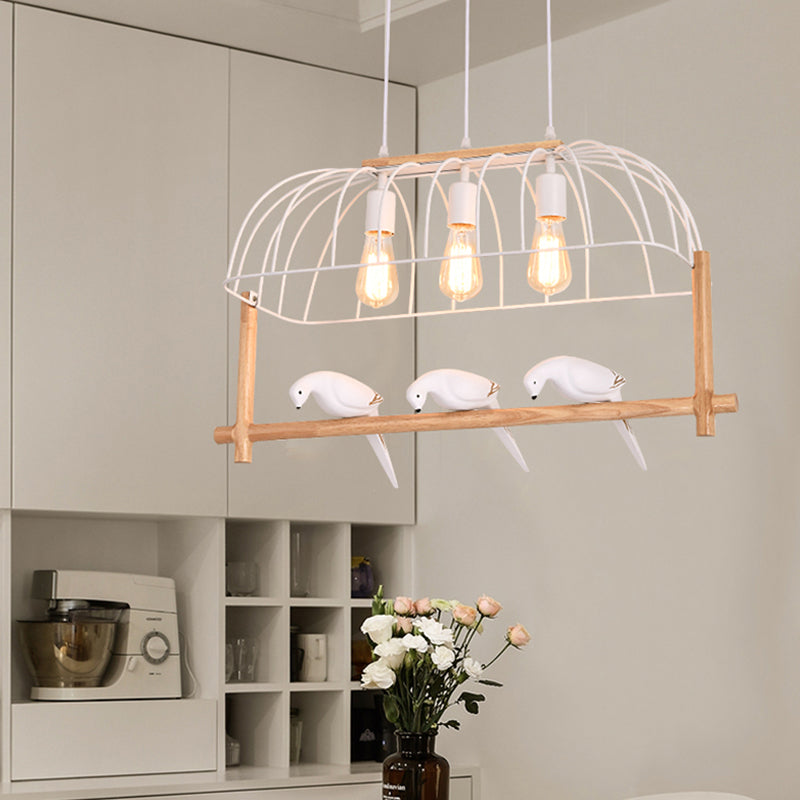 Nordic Style 3-Light Island Pendant Iron White Elongated Cage Hanging Light with Bird and Wood Bird Stand Clearhalo 'Ceiling Lights' 'Island Lights' Lighting' 1459384