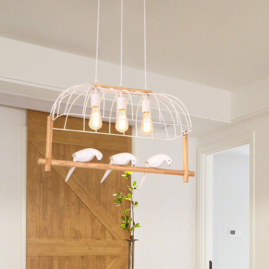 Nordic Style 3-Light Island Pendant Iron White Elongated Cage Hanging Light with Bird and Wood Bird Stand Clearhalo 'Ceiling Lights' 'Island Lights' Lighting' 1459385