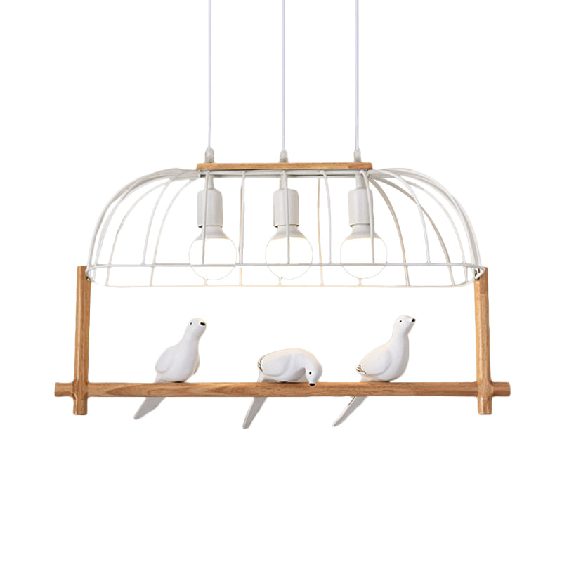 Nordic Style 3-Light Island Pendant Iron White Elongated Cage Hanging Light with Bird and Wood Bird Stand Clearhalo 'Ceiling Lights' 'Island Lights' Lighting' 1459386