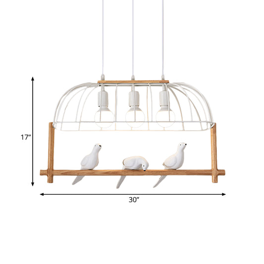 Nordic Style 3-Light Island Pendant Iron White Elongated Cage Hanging Light with Bird and Wood Bird Stand Clearhalo 'Ceiling Lights' 'Island Lights' Lighting' 1459387