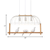 Nordic Style 3-Light Island Pendant Iron White Elongated Cage Hanging Light with Bird and Wood Bird Stand Clearhalo 'Ceiling Lights' 'Island Lights' Lighting' 1459387