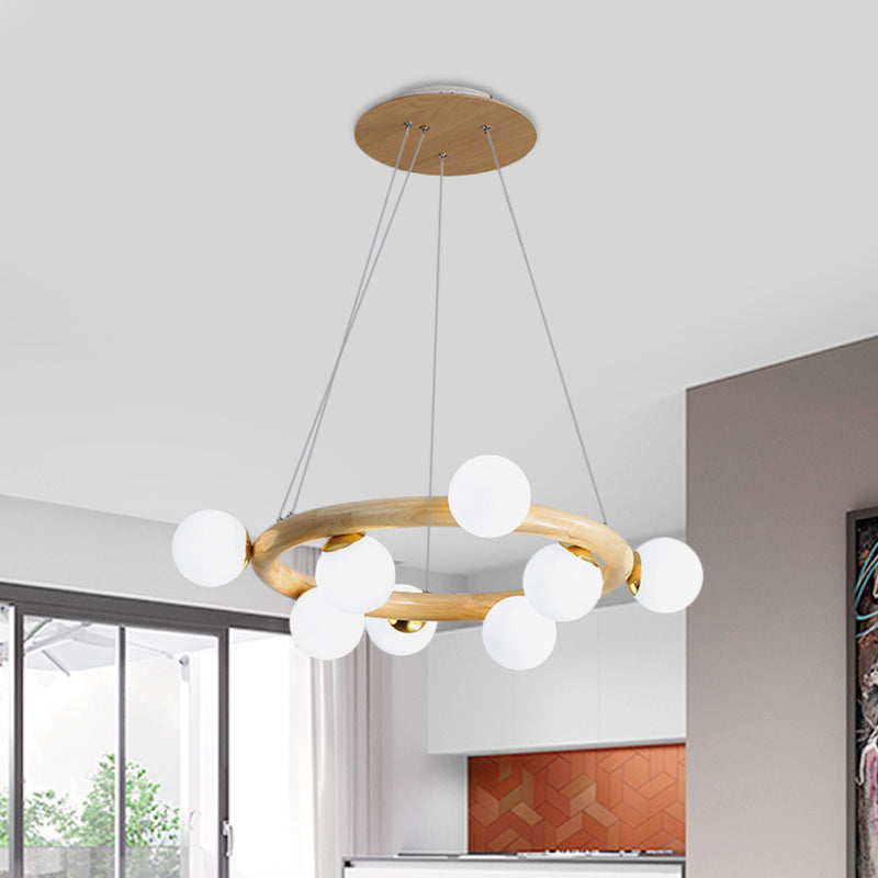 Orbs Opal Matte Glass Chandelier Nordic 8 Bulbs Beige Ceiling Pendant Light with Wood Circle Arm Wood Clearhalo 'Carpenter Chandeliers' 'Ceiling Lights' 'Chandeliers' 'Industrial' 'Modern Chandeliers' 'Modern' Lighting' 1459388