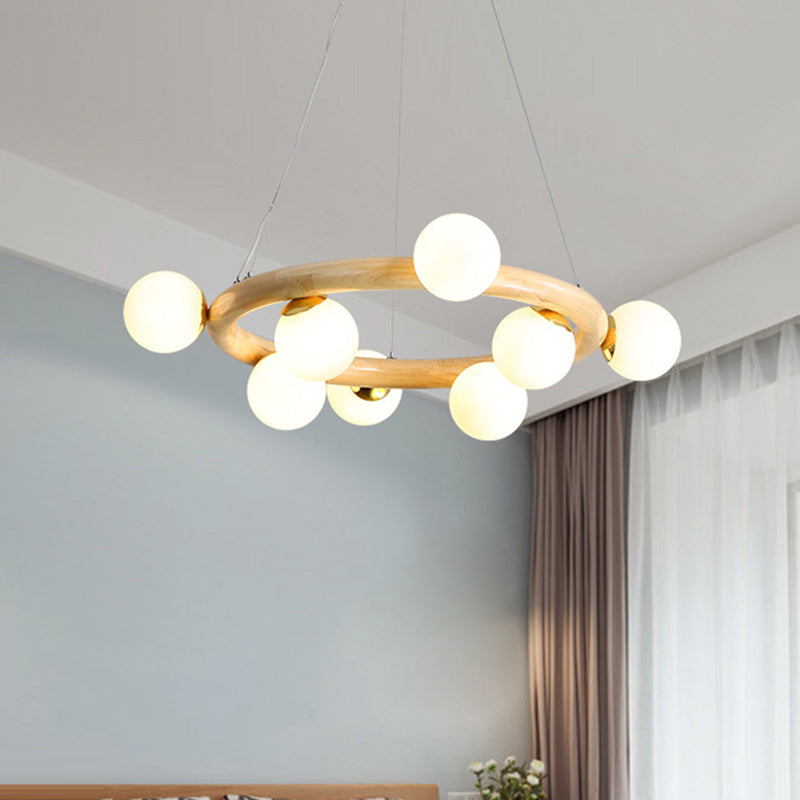 Orbs Opal Matte Glass Chandelier Nordic 8 Bulbs Beige Ceiling Pendant Light with Wood Circle Arm Clearhalo 'Carpenter Chandeliers' 'Ceiling Lights' 'Chandeliers' 'Industrial' 'Modern Chandeliers' 'Modern' Lighting' 1459389