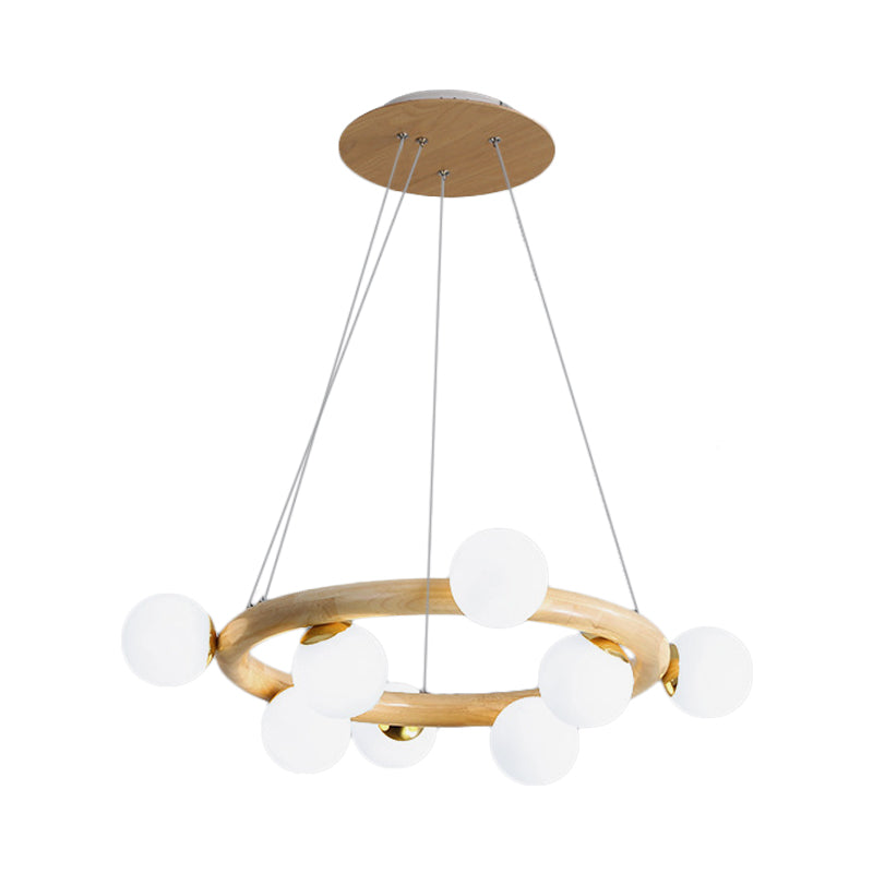 Orbs Opal Matte Glass Chandelier Nordic 8 Bulbs Beige Ceiling Pendant Light with Wood Circle Arm Clearhalo 'Carpenter Chandeliers' 'Ceiling Lights' 'Chandeliers' 'Industrial' 'Modern Chandeliers' 'Modern' Lighting' 1459390