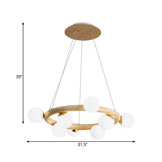 Orbs Opal Matte Glass Chandelier Nordic 8 Bulbs Beige Ceiling Pendant Light with Wood Circle Arm Clearhalo 'Carpenter Chandeliers' 'Ceiling Lights' 'Chandeliers' 'Industrial' 'Modern Chandeliers' 'Modern' Lighting' 1459392