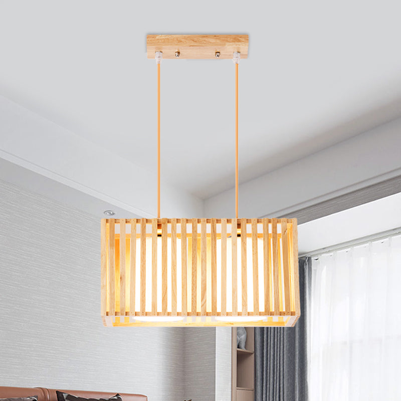 Rubber Wood Cuboid Cage Island Light Japanese Style 2-Head Pendant Lighting over Dining Table Wood Clearhalo 'Ceiling Lights' 'Island Lights' Lighting' 1459393