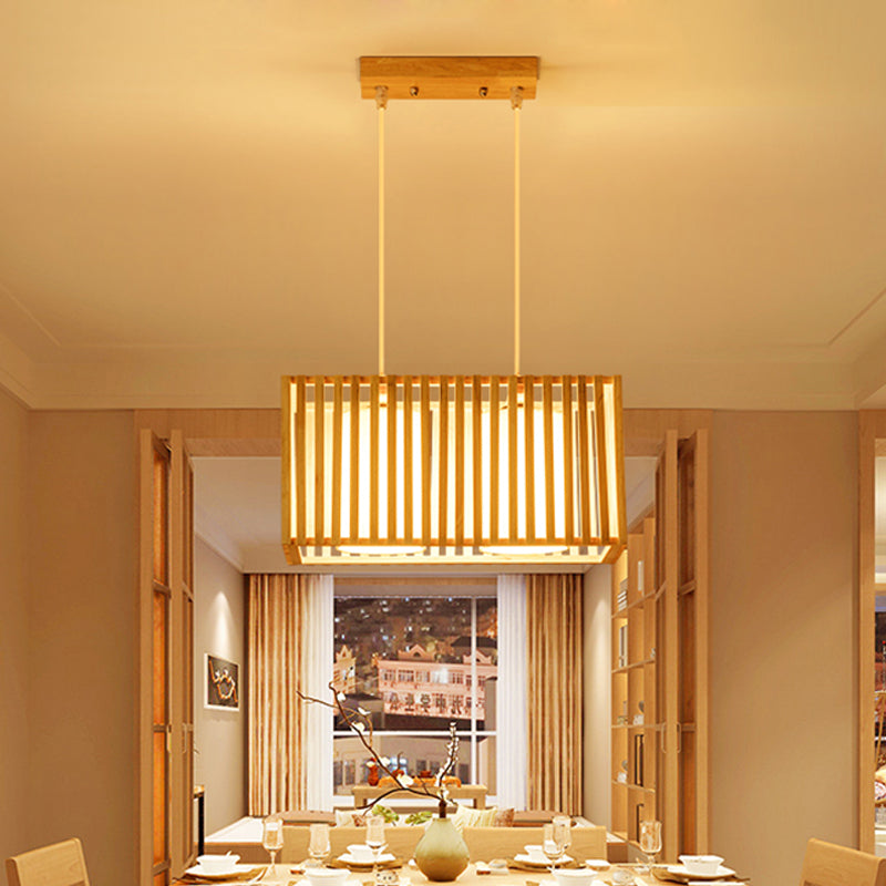 Rubber Wood Cuboid Cage Island Light Japanese Style 2-Head Pendant Lighting over Dining Table Clearhalo 'Ceiling Lights' 'Island Lights' Lighting' 1459394