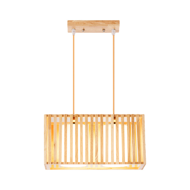 Rubber Wood Cuboid Cage Island Light Japanese Style 2-Head Pendant Lighting over Dining Table Clearhalo 'Ceiling Lights' 'Island Lights' Lighting' 1459395