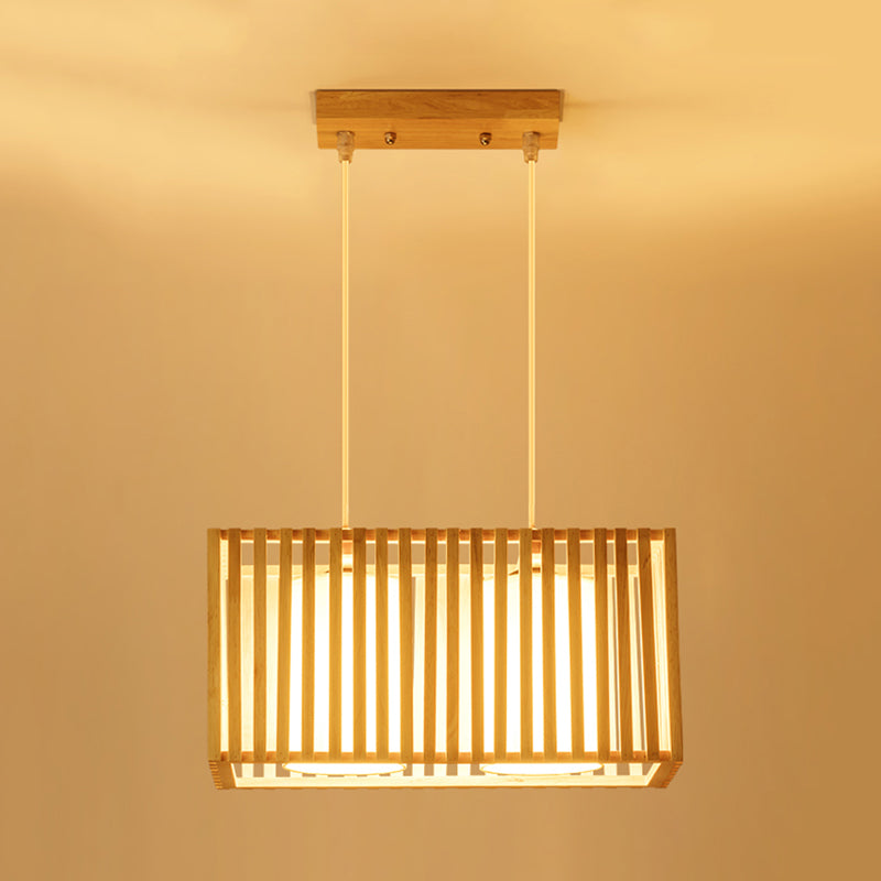 Rubber Wood Cuboid Cage Island Light Japanese Style 2-Head Pendant Lighting over Dining Table Clearhalo 'Ceiling Lights' 'Island Lights' Lighting' 1459396