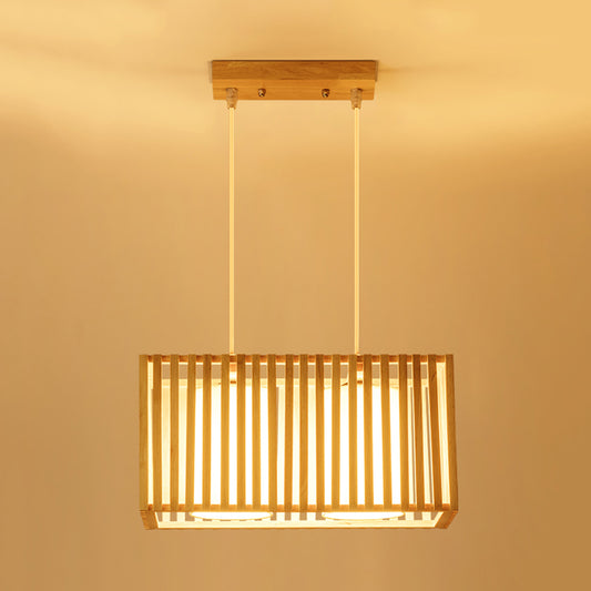 Rubber Wood Cuboid Cage Island Light Japanese Style 2-Head Pendant Lighting over Dining Table Clearhalo 'Ceiling Lights' 'Island Lights' Lighting' 1459396