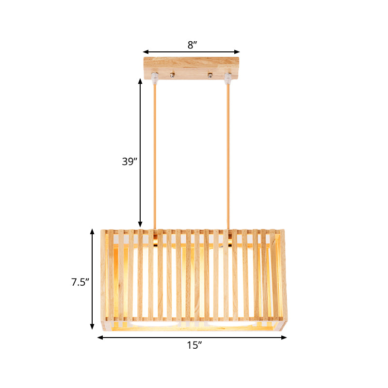 Rubber Wood Cuboid Cage Island Light Japanese Style 2-Head Pendant Lighting over Dining Table Clearhalo 'Ceiling Lights' 'Island Lights' Lighting' 1459397