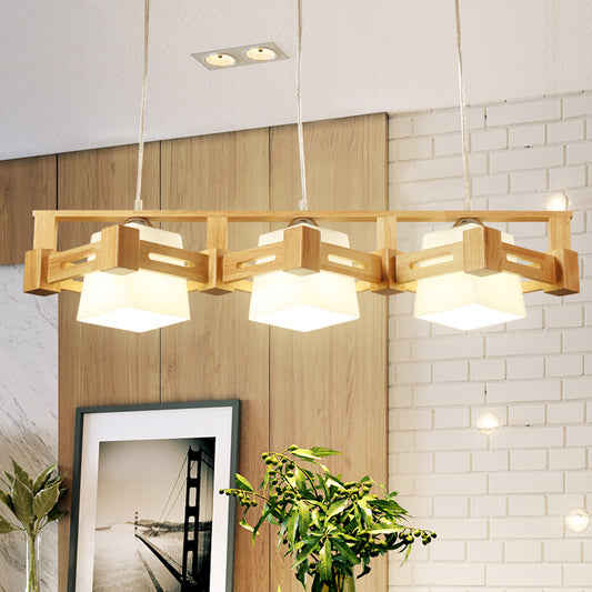 Cubic Milk Frosted Glass Island Lighting Modern 3 Bulbs Beige Pendant Lamp with Wood In-Line Rhombus Cage Wood Clearhalo 'Ceiling Lights' 'Island Lights' Lighting' 1459398