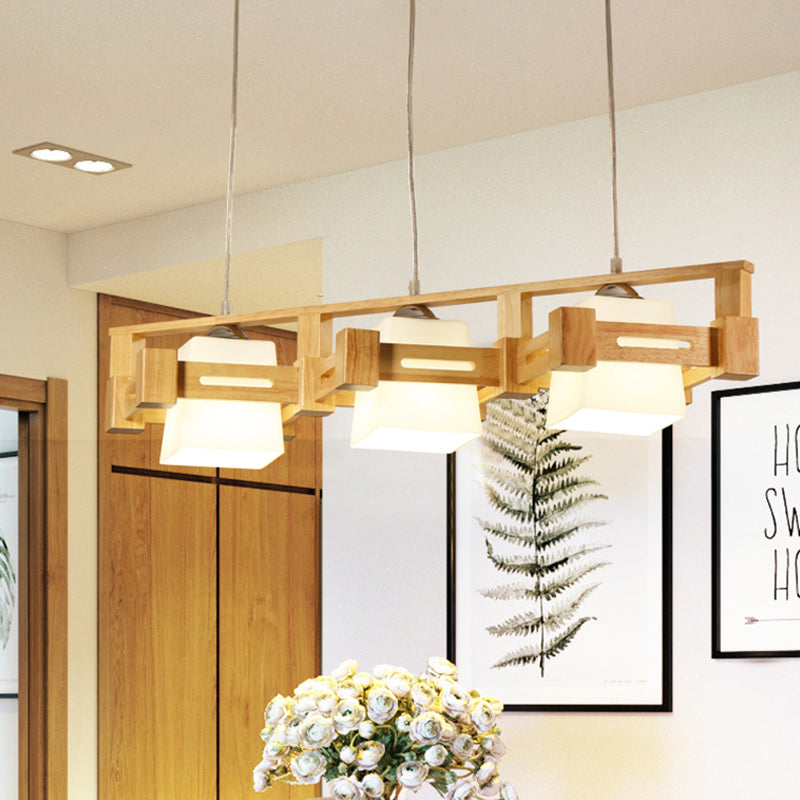 Cubic Milk Frosted Glass Island Lighting Modern 3 Bulbs Beige Pendant Lamp with Wood In-Line Rhombus Cage Clearhalo 'Ceiling Lights' 'Island Lights' Lighting' 1459399