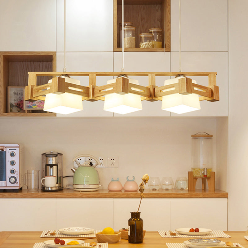 Cubic Milk Frosted Glass Island Lighting Modern 3 Bulbs Beige Pendant Lamp with Wood In-Line Rhombus Cage Clearhalo 'Ceiling Lights' 'Island Lights' Lighting' 1459400