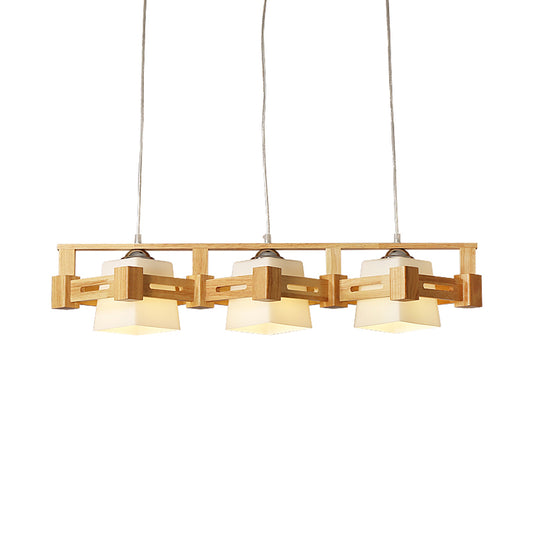 Cubic Milk Frosted Glass Island Lighting Modern 3 Bulbs Beige Pendant Lamp with Wood In-Line Rhombus Cage Clearhalo 'Ceiling Lights' 'Island Lights' Lighting' 1459401