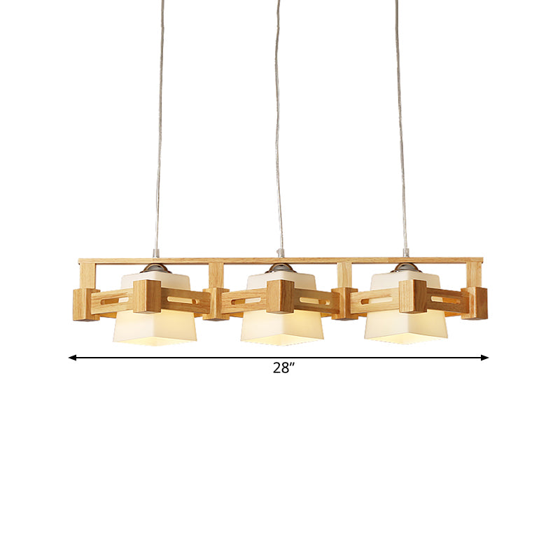 Cubic Milk Frosted Glass Island Lighting Modern 3 Bulbs Beige Pendant Lamp with Wood In-Line Rhombus Cage Clearhalo 'Ceiling Lights' 'Island Lights' Lighting' 1459402