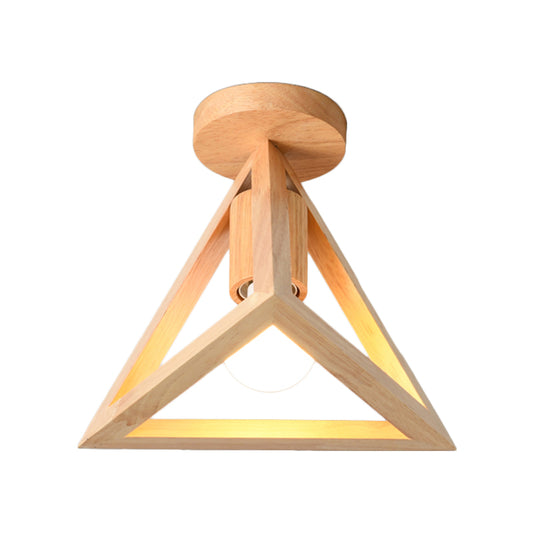 1-Light Foyer Semi Mount Lighting Minimalist Beige Ceiling Flush Light with Pyramid Wood Cage Clearhalo 'Ceiling Lights' 'Close To Ceiling Lights' 'Close to ceiling' 'Semi-flushmount' Lighting' 1459436