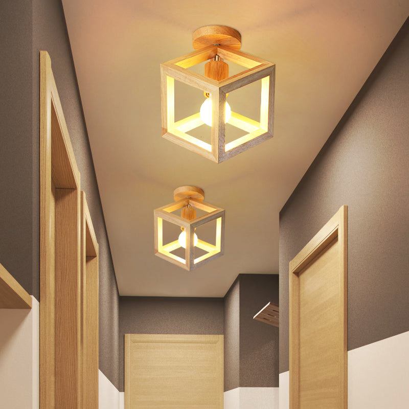 Wood Cube Cage Semi Flush Light Nordic 1 Bulb Beige Ceiling Mounted Lighting Fixture for Corridor