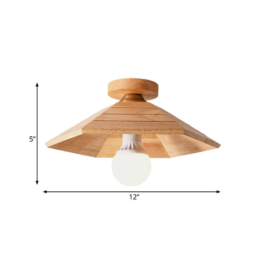 Ridged Saucer Semi Flush Ceiling Light Rural Wooden Single Beige Flush Mounted Lamp for Kitchen Clearhalo 'Ceiling Lights' 'Close To Ceiling Lights' 'Close to ceiling' 'Semi-flushmount' Lighting' 1459447