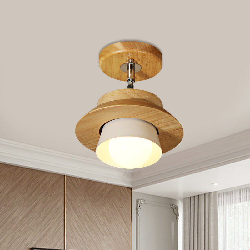 Small Wood Cap Rotatable Ceiling Lamp Minimalist 1 Head Semi Flush Mount Fixture with Inserted White Lampshade White Clearhalo 'Ceiling Lights' 'Close To Ceiling Lights' 'Close to ceiling' 'Semi-flushmount' Lighting' 1459448