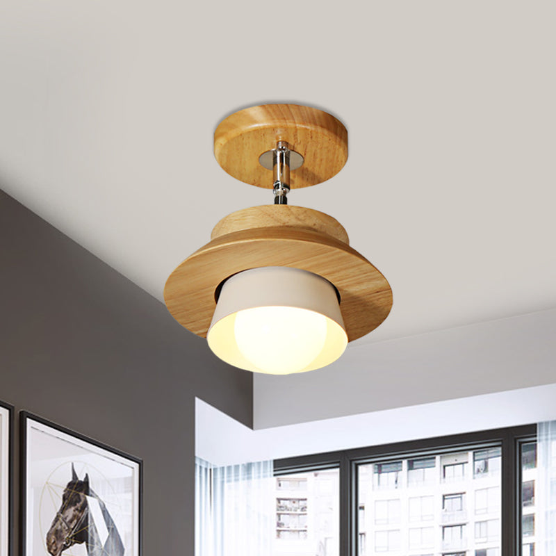 Small Wood Cap Rotatable Ceiling Lamp Minimalist 1 Head Semi Flush Mount Fixture with Inserted White Lampshade Clearhalo 'Ceiling Lights' 'Close To Ceiling Lights' 'Close to ceiling' 'Semi-flushmount' Lighting' 1459449