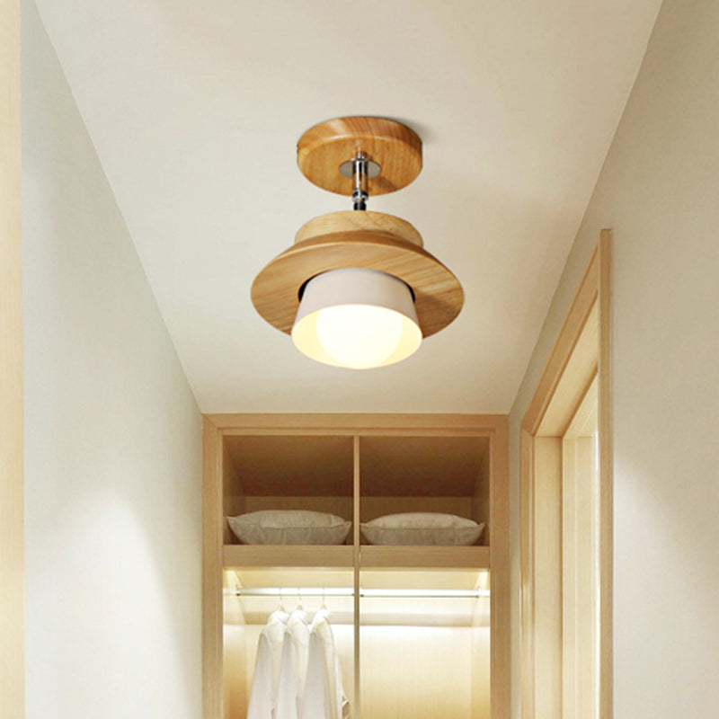 Small Wood Cap Rotatable Ceiling Lamp Minimalist 1 Head Semi Flush Mount Fixture with Inserted White Lampshade Clearhalo 'Ceiling Lights' 'Close To Ceiling Lights' 'Close to ceiling' 'Semi-flushmount' Lighting' 1459450