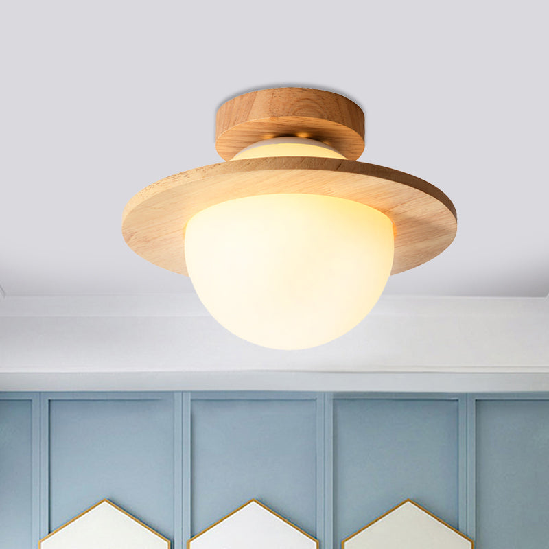 Small Sphere Corridor Ceiling Fixture Opal Frosted Glass Single Simple Semi Flush Mounted Lamp with Wood Banding Belt Wood Clearhalo 'Ceiling Lights' 'Close To Ceiling Lights' 'Close to ceiling' 'Semi-flushmount' Lighting' 1459458