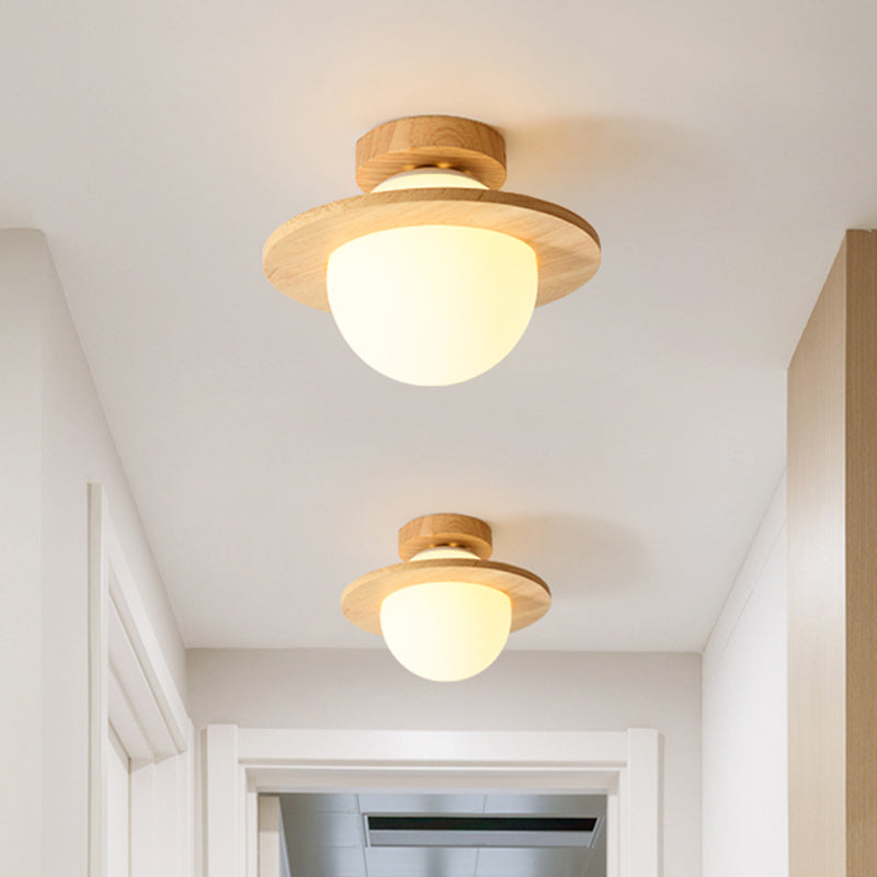 Small Sphere Corridor Ceiling Fixture Opal Frosted Glass Single Simple Semi Flush Mounted Lamp with Wood Banding Belt Clearhalo 'Ceiling Lights' 'Close To Ceiling Lights' 'Close to ceiling' 'Semi-flushmount' Lighting' 1459459