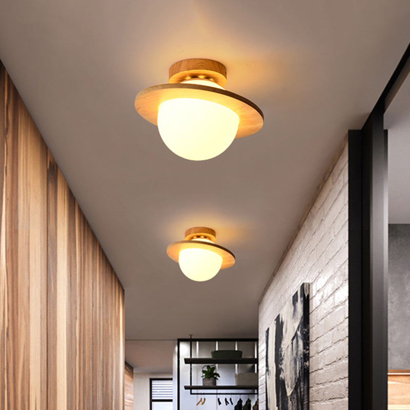 Small Sphere Corridor Ceiling Fixture Opal Frosted Glass Single Simple Semi Flush Mounted Lamp with Wood Banding Belt Clearhalo 'Ceiling Lights' 'Close To Ceiling Lights' 'Close to ceiling' 'Semi-flushmount' Lighting' 1459460