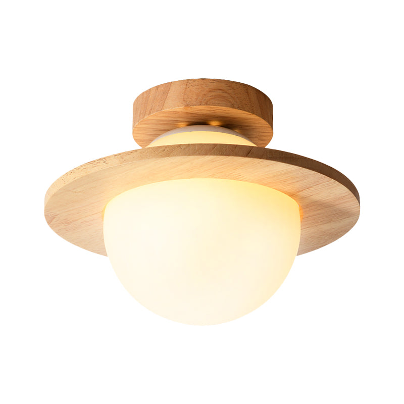 Small Sphere Corridor Ceiling Fixture Opal Frosted Glass Single Simple Semi Flush Mounted Lamp with Wood Banding Belt Clearhalo 'Ceiling Lights' 'Close To Ceiling Lights' 'Close to ceiling' 'Semi-flushmount' Lighting' 1459461