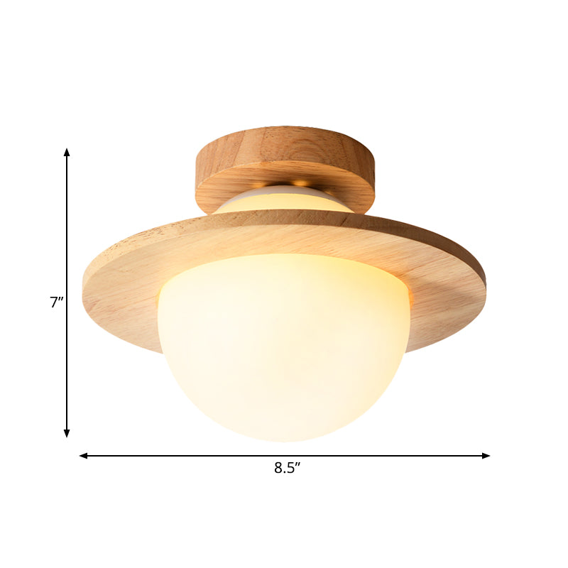 Small Sphere Corridor Ceiling Fixture Opal Frosted Glass Single Simple Semi Flush Mounted Lamp with Wood Banding Belt Clearhalo 'Ceiling Lights' 'Close To Ceiling Lights' 'Close to ceiling' 'Semi-flushmount' Lighting' 1459462