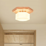 Cream Glass Hexagon Flush Ceiling Light Nordic 1 Light Flushmount Lighting with Wood Canopy