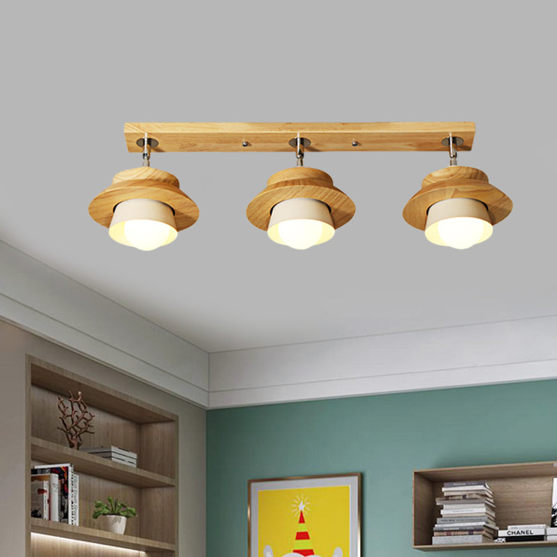 Dual Cap Shade Swivelable Flush Mount Nordic Wooden 3-Light White Semi Ceiling Lamp for Sitting Room Clearhalo 'Ceiling Lights' 'Close To Ceiling Lights' 'Close to ceiling' 'Semi-flushmount' Lighting' 1459479