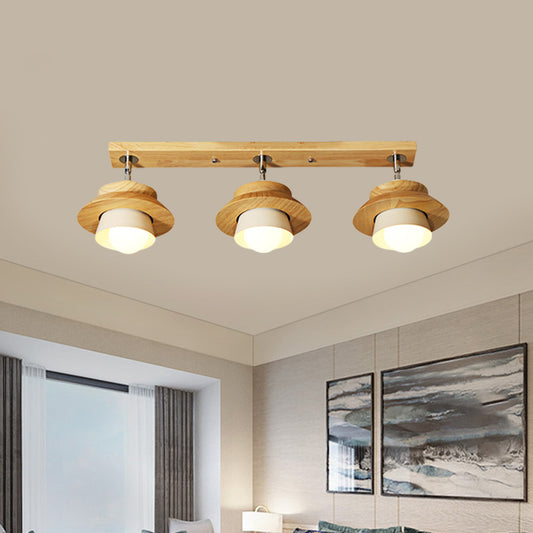 Dual Cap Shade Swivelable Flush Mount Nordic Wooden 3-Light White Semi Ceiling Lamp for Sitting Room Clearhalo 'Ceiling Lights' 'Close To Ceiling Lights' 'Close to ceiling' 'Semi-flushmount' Lighting' 1459480