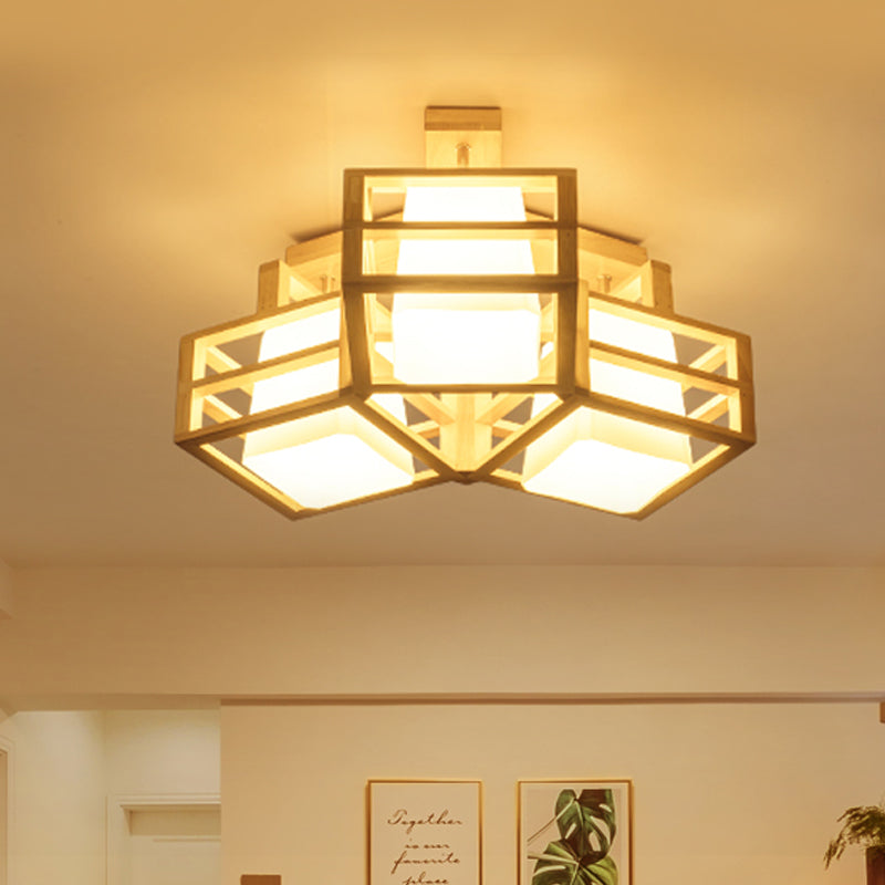 Opaline Matte Glass Cube Ceiling Light Modern 3 Heads Beige Semi Flush Mount Lighting with Wood Cage Guard Wood Clearhalo 'Ceiling Lights' 'Close To Ceiling Lights' 'Close to ceiling' 'Semi-flushmount' Lighting' 1459483