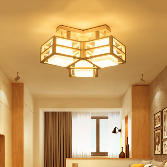 Opaline Matte Glass Cube Ceiling Light Modern 3 Heads Beige Semi Flush Mount Lighting with Wood Cage Guard Clearhalo 'Ceiling Lights' 'Close To Ceiling Lights' 'Close to ceiling' 'Semi-flushmount' Lighting' 1459485