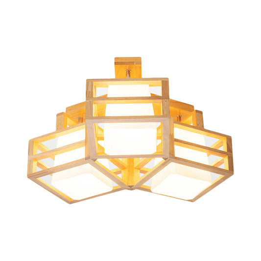 Opaline Matte Glass Cube Ceiling Light Modern 3 Heads Beige Semi Flush Mount Lighting with Wood Cage Guard Clearhalo 'Ceiling Lights' 'Close To Ceiling Lights' 'Close to ceiling' 'Semi-flushmount' Lighting' 1459486