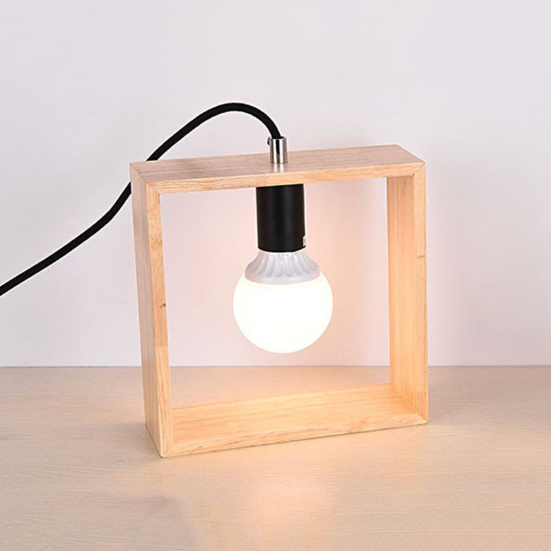 Simple Bare Bulb Design Table Light Wood 1 Bulb Bedside Nightstand Lamp with Square Frame Wood Clearhalo 'Lamps' 'Table Lamps' Lighting' 1459488
