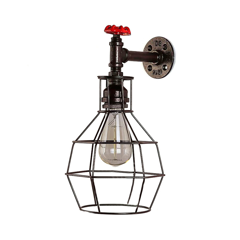 Globe Caged Corridor Wall Light Sconce with Valve Deco Vintage Metal 1 Light Black/Bronze Wall Lamp Clearhalo 'Art deco wall lights' 'Cast Iron' 'Glass' 'Industrial wall lights' 'Industrial' 'Middle century wall lights' 'Modern' 'Rustic wall lights' 'Tiffany' 'Traditional wall lights' 'Wall Lamps & Sconces' 'Wall Lights' Lighting' 145949