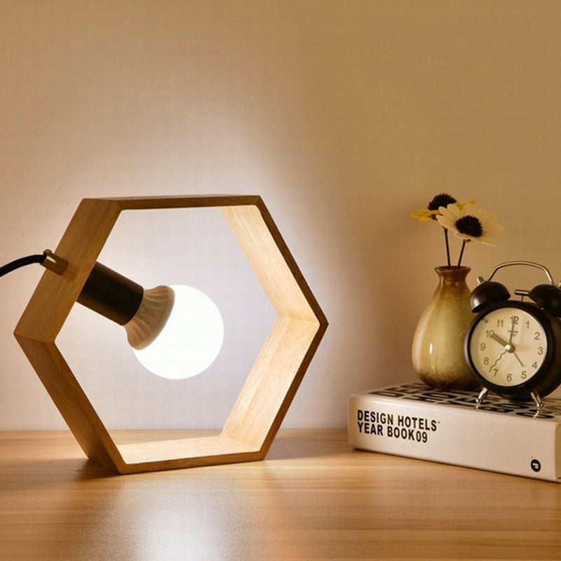 Wooden Hexagon Night Stand Light Minimalist Single Table Lighting with Naked Bulb Design Clearhalo 'Lamps' 'Table Lamps' Lighting' 1459494