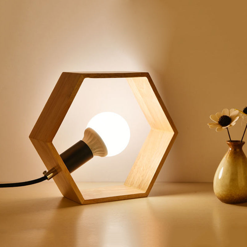 Wooden Hexagon Night Stand Light Minimalist Single Table Lighting with Naked Bulb Design Clearhalo 'Lamps' 'Table Lamps' Lighting' 1459495