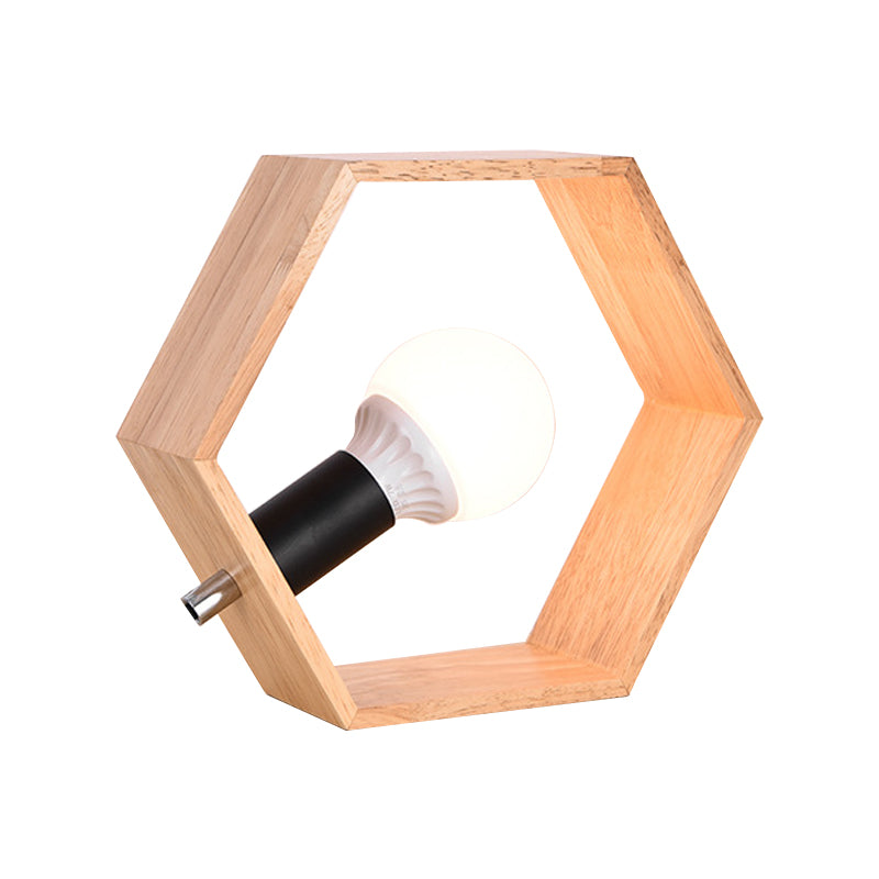 Wooden Hexagon Night Stand Light Minimalist Single Table Lighting with Naked Bulb Design Clearhalo 'Lamps' 'Table Lamps' Lighting' 1459496